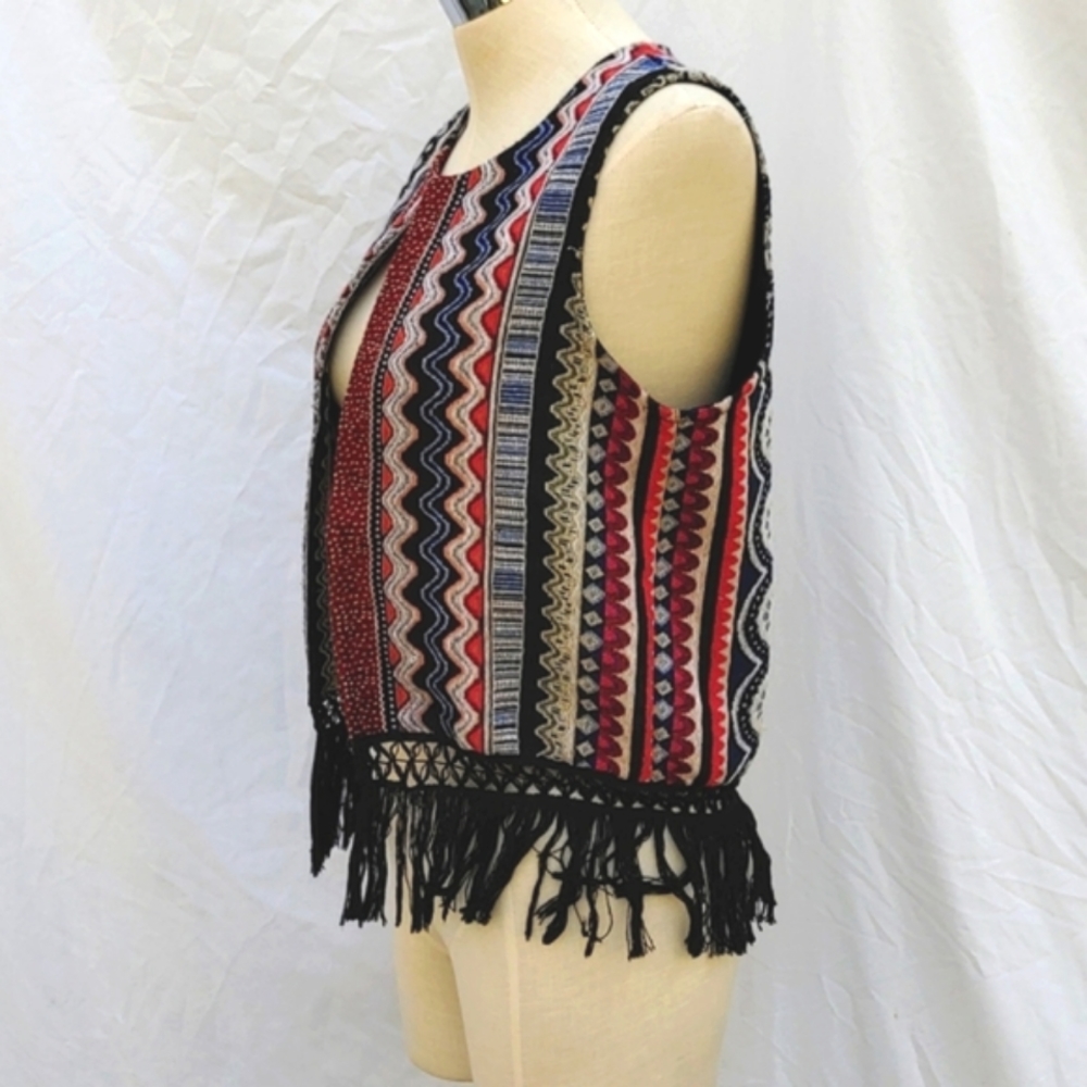 Ladies tapestry vest with fringe, boho, multicolor geometric pattern, boho, S